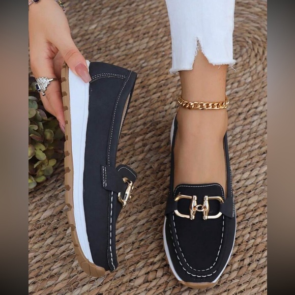 Shoes - Women's Black Vegan Leather Loafers with Gold Buckle